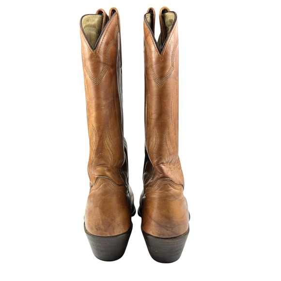 Vintage Frye Cowboy Boots Men's 9D Tan Leather Western Flame Stitch USA Made - Picture 8 of 16